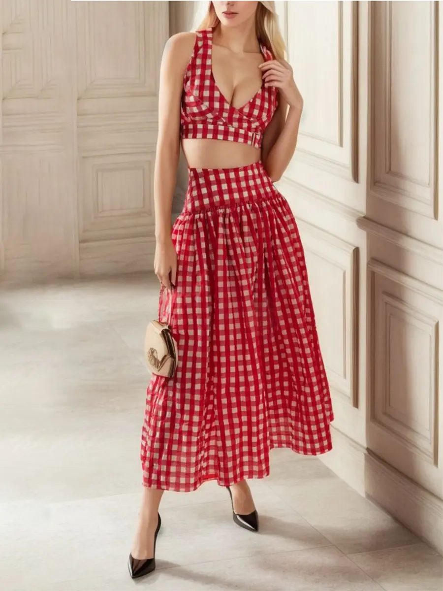 U Neck Lattice Hollow Out Sleeveless Skirts Set