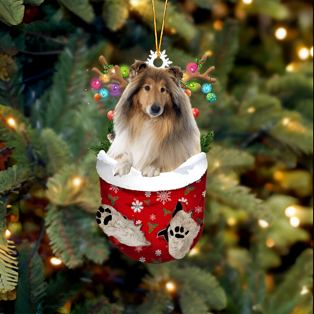 Rough Collie In Snow Pocket Christmas Ornament.