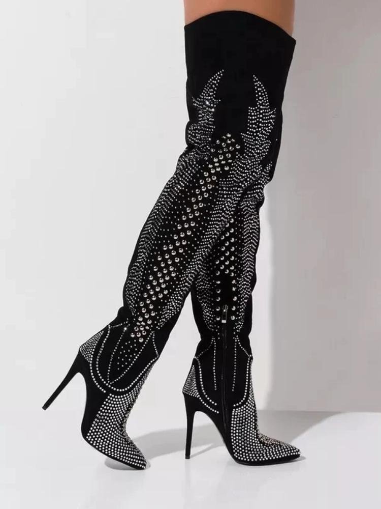 Rhinestone Faux Suede Pointed Toe Stiletto Heel Over The Knee Thigh High Boots
