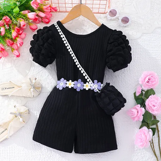 【2Y-7Y】Girls Floral Puff Sleeve Jumpsuit With Bag