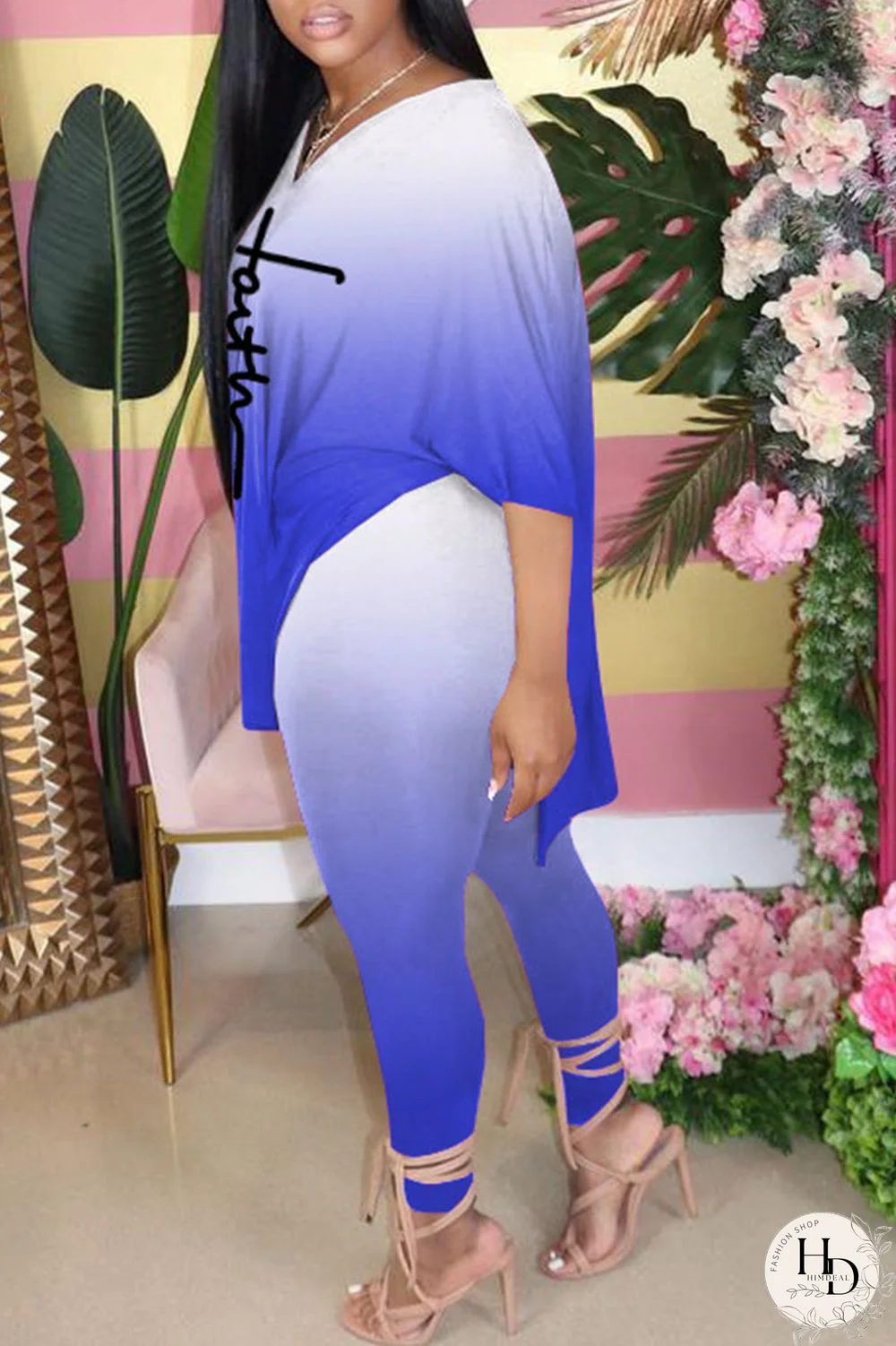 Blue Casual Gradual Change Print Patchwork Slit V Neck Half Sleeve Two Pieces