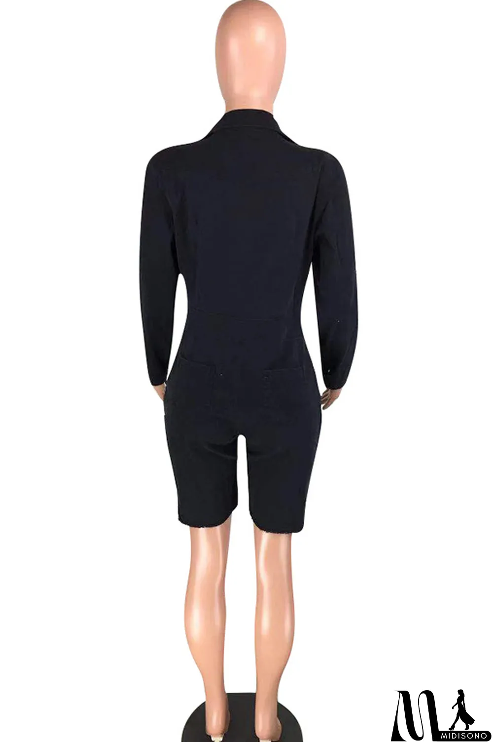 MidiSono - Black Sexy Solid Button washing Cotton Long Sleeve Turndown Collar Rompers
