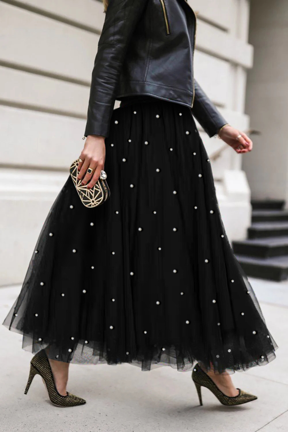 Plus Size Daily Skirt Black Pearl Mesh Tulle Skirt