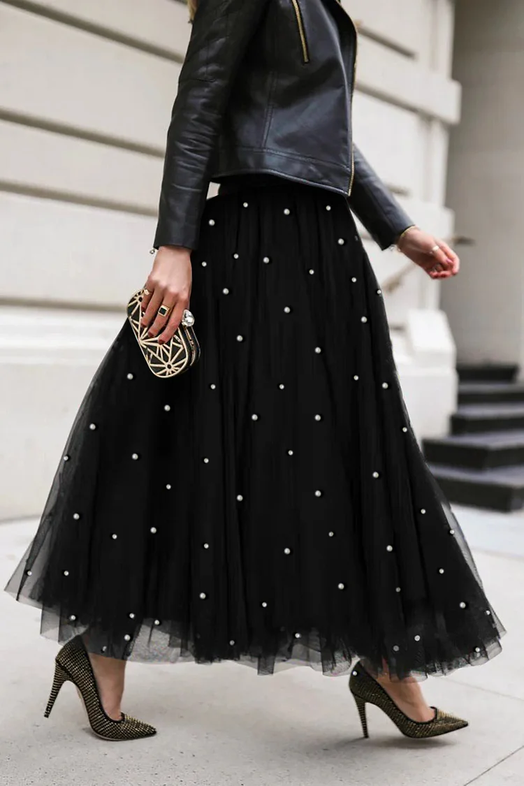 Plus Size Daily Skirt Black Pearl Mesh Tulle Skirt [Pre-Order]