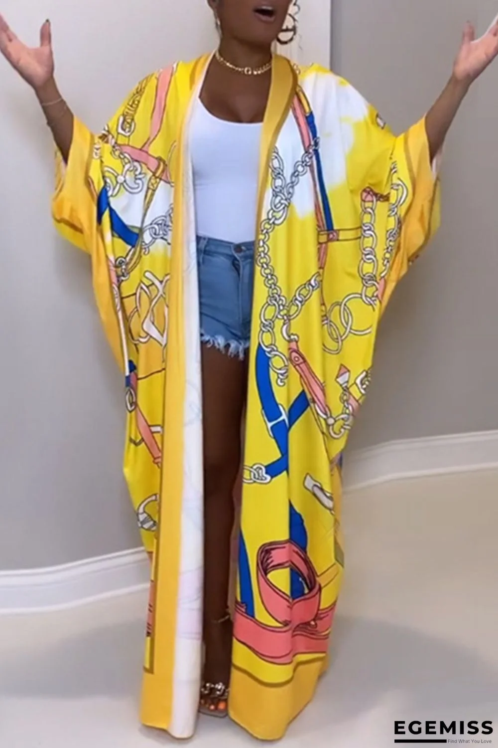 Yellow Fashion Casual Print Cardigan Outerwear | EGEMISS