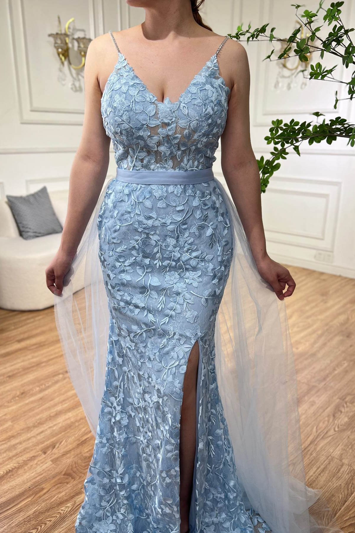 Bellasprom Sky Blue Spaghetti-Straps V-Neck Sleeveless Mermaid Prom Dress With Split Appliques Overskirt Bellasprom