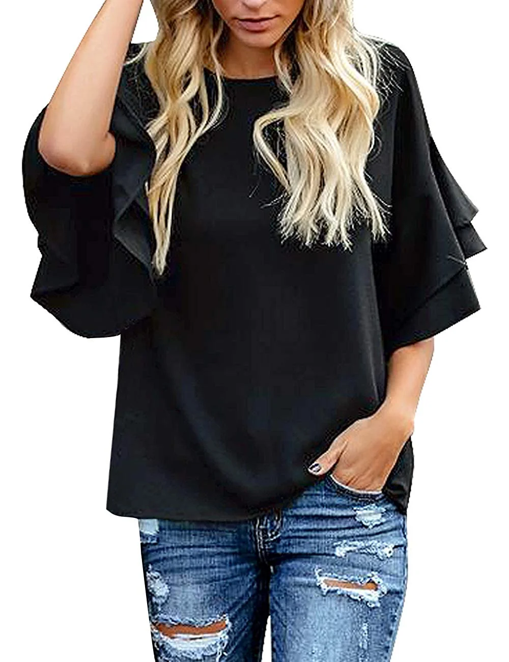 Tops Blouses Women's Casual 3/4 Tiered Bell Sleeve Crewneck Loose Tops Blouses Shirt