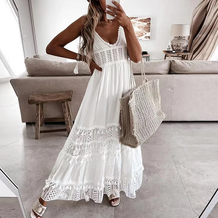 Ladies Casual Lace Patchwork Sleeveless Maxi Dress Women Summer Spaghetti Strap V Neck Hollow Out Dresses Party Fashion Vestidos