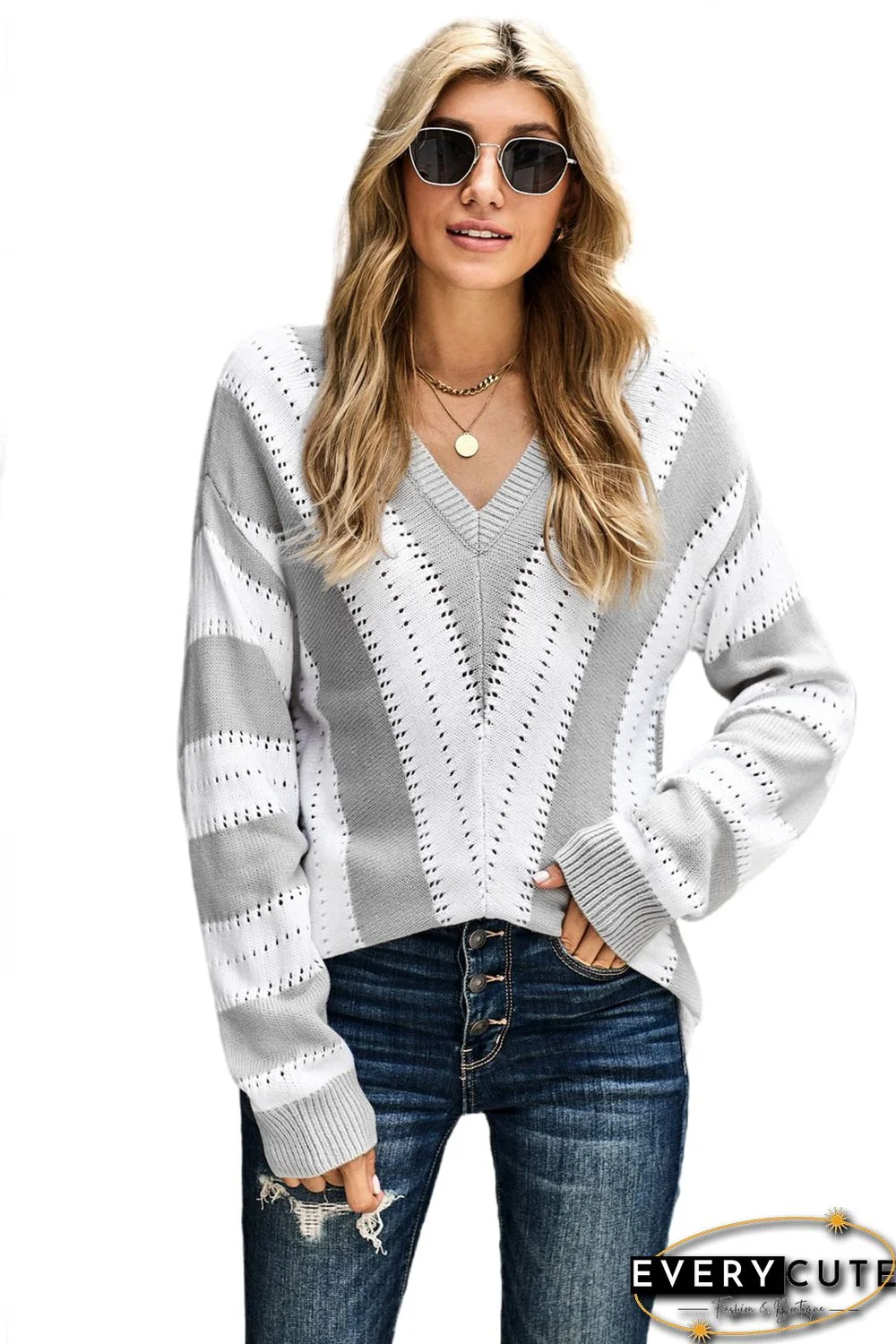 Gray Striped Colorblock V Neck Knitted Sweater