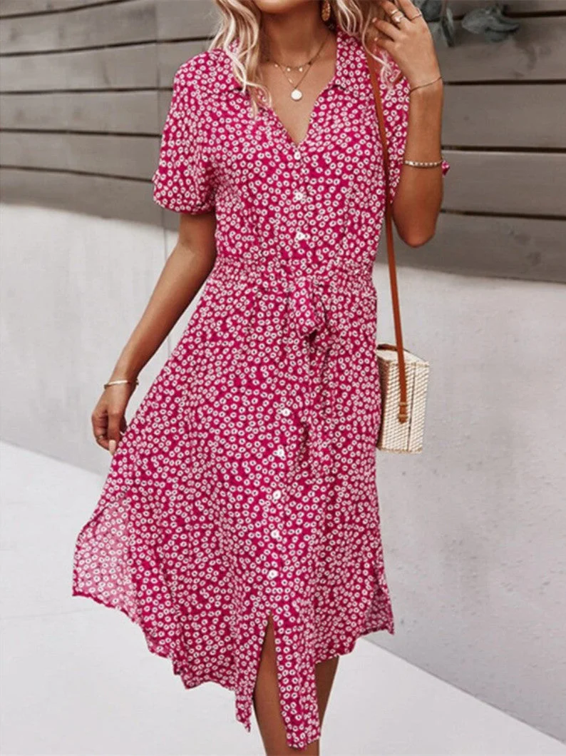 Women's Summer Short Sleeve V Neck Button Tie Floral Loose Fashion Dress