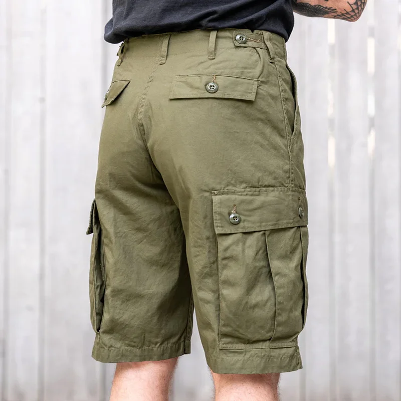 Vintage Olive Green Cotton Button Flap Pocket Military Shorts