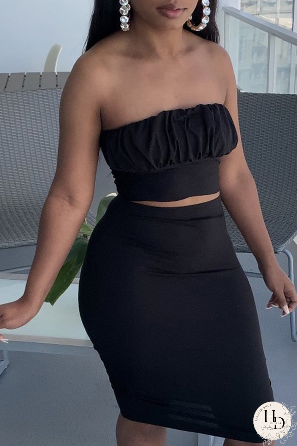 Dark Gray Sexy Solid Split Joint Strapless Sleeveless Two Pieces