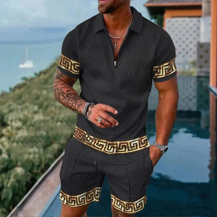 【BUY 2 GET FREE SHIPPING】Gold and black casual polo shirt suit
