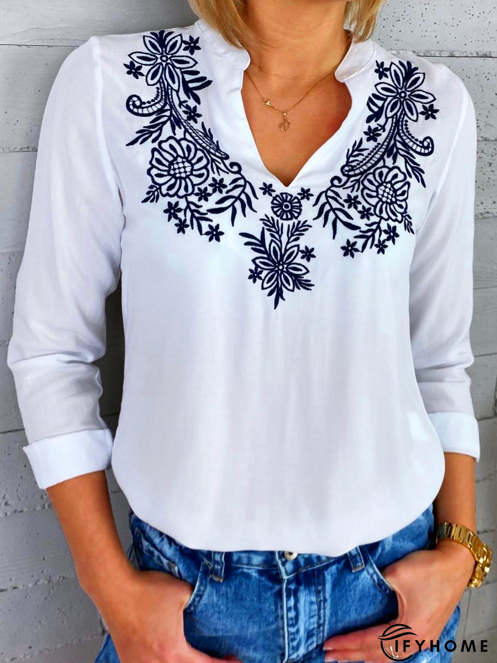 Casual Embroidery V Neck Embroidery Patterns Top | IFYHOME