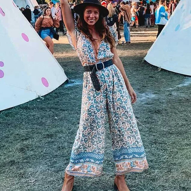 Fitshinling Bohemian Print Long Jumpsuit Wide Legs Pants Cotton Romper Women Deep V Neck Sexy Holiday Summer Playsuits Female