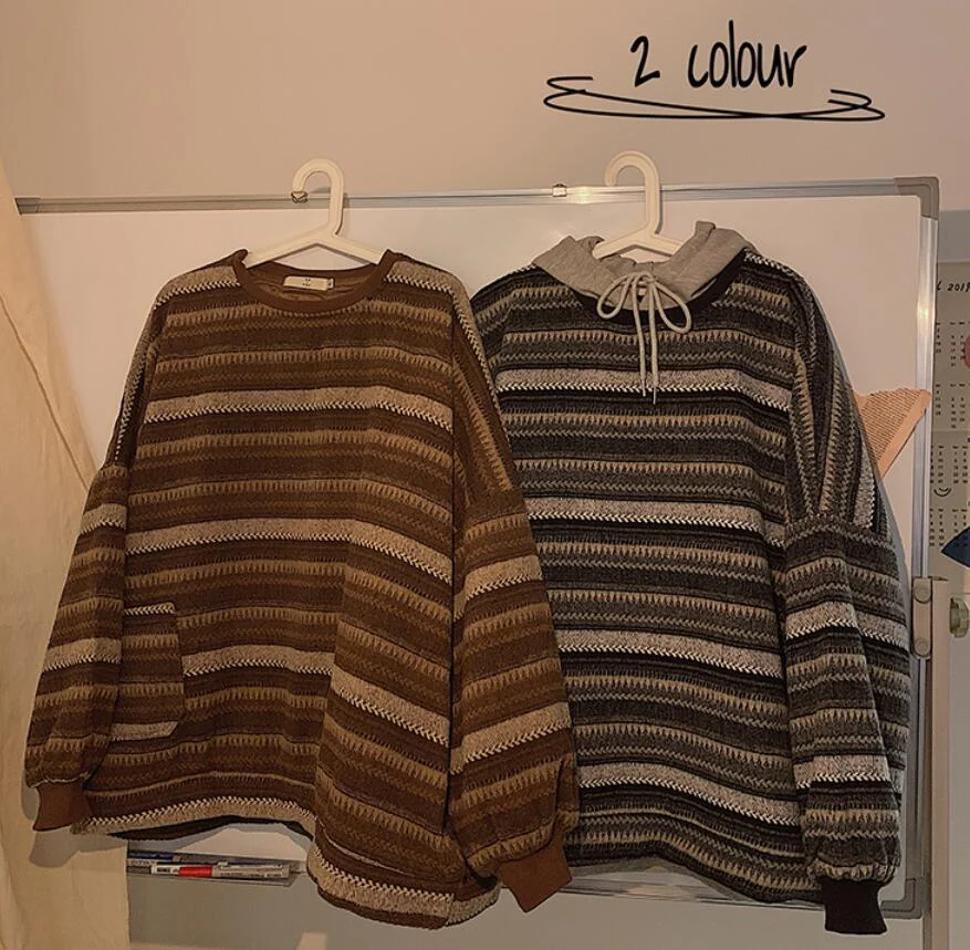 Pullovers Women Oversize Korean Fashion Striped Knit Sweater Fashion Retro Outerwear Vintage Color Block Female Winter Tops