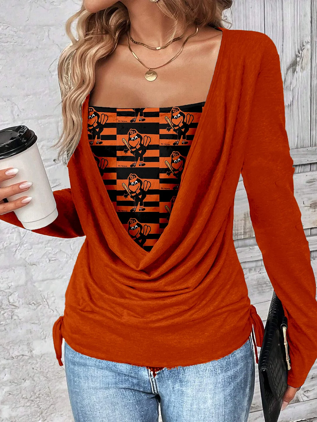 Contrast draped side drawstring T-shirt