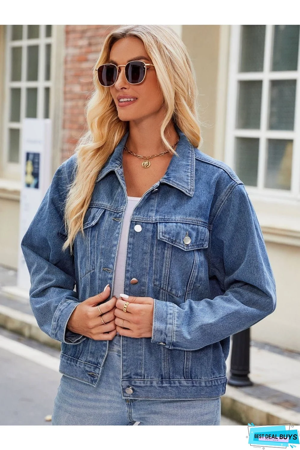 Pocketed Collared Neck Denim Jacket