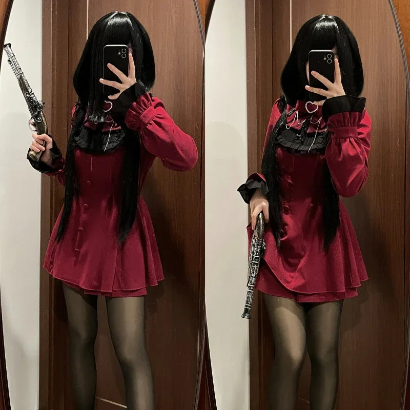 Japanese Punk Style Y2k Lolita OP Dress Women Vintage Elegant Ruffle Bow Lace Evening Party Dresses Female High Waist Slim Dress Aiertu