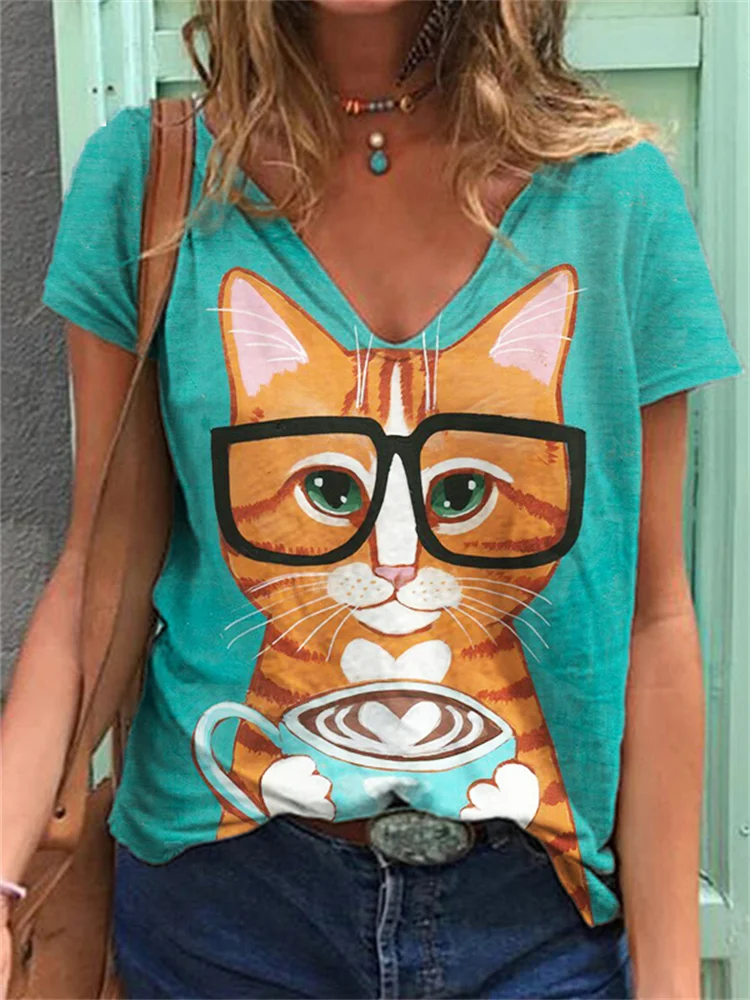 Lovely Cat With Coffee V Neck T Shirt