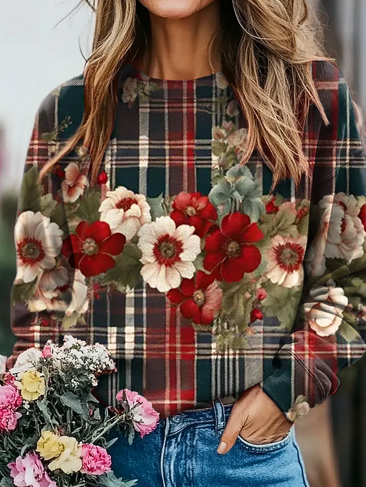 Women's Vintage Plaid Floral Print Casual Crew Neck Sweatshirt