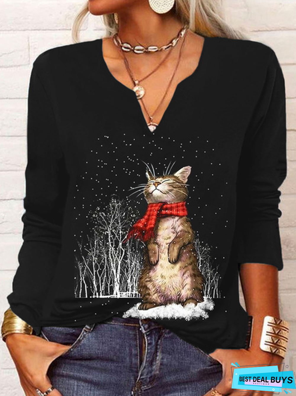 Christmas Cat Long Sleeve V Neck Printed T-shirt