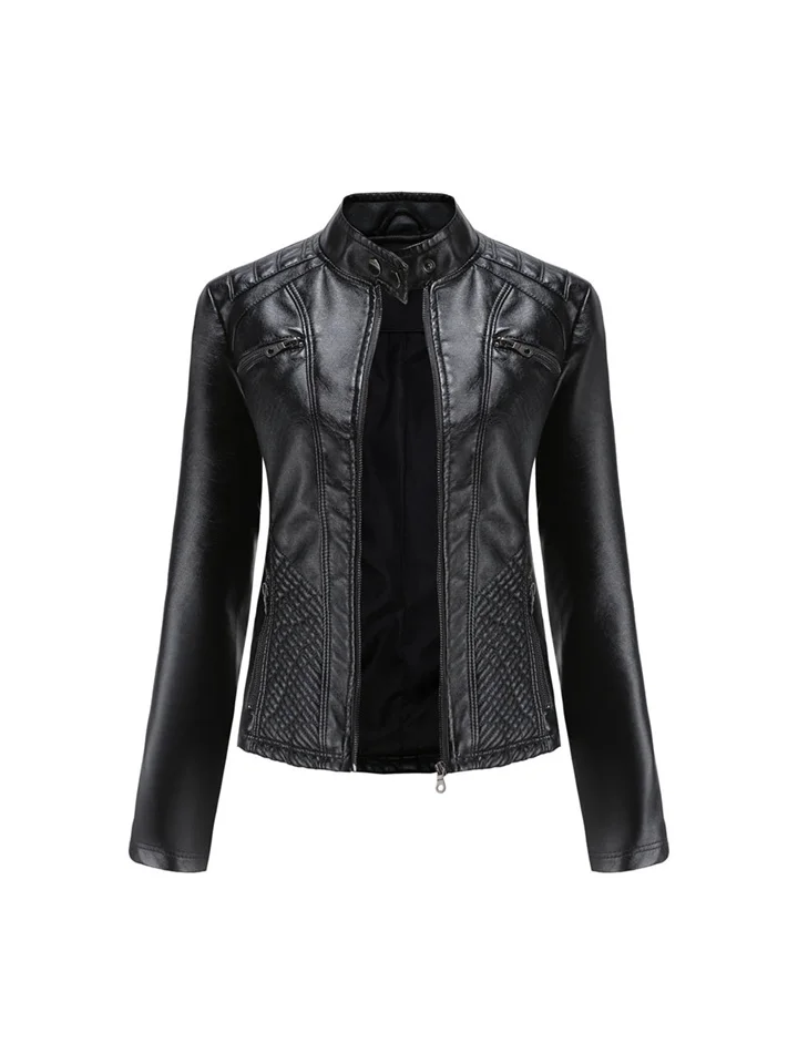 Ladies Temperament Commuter Casual Long-sleeved Leather Jacket Stand-up Collar Jacket Slim Coat Women Solid Color Women Leather Jacket-Cosfine