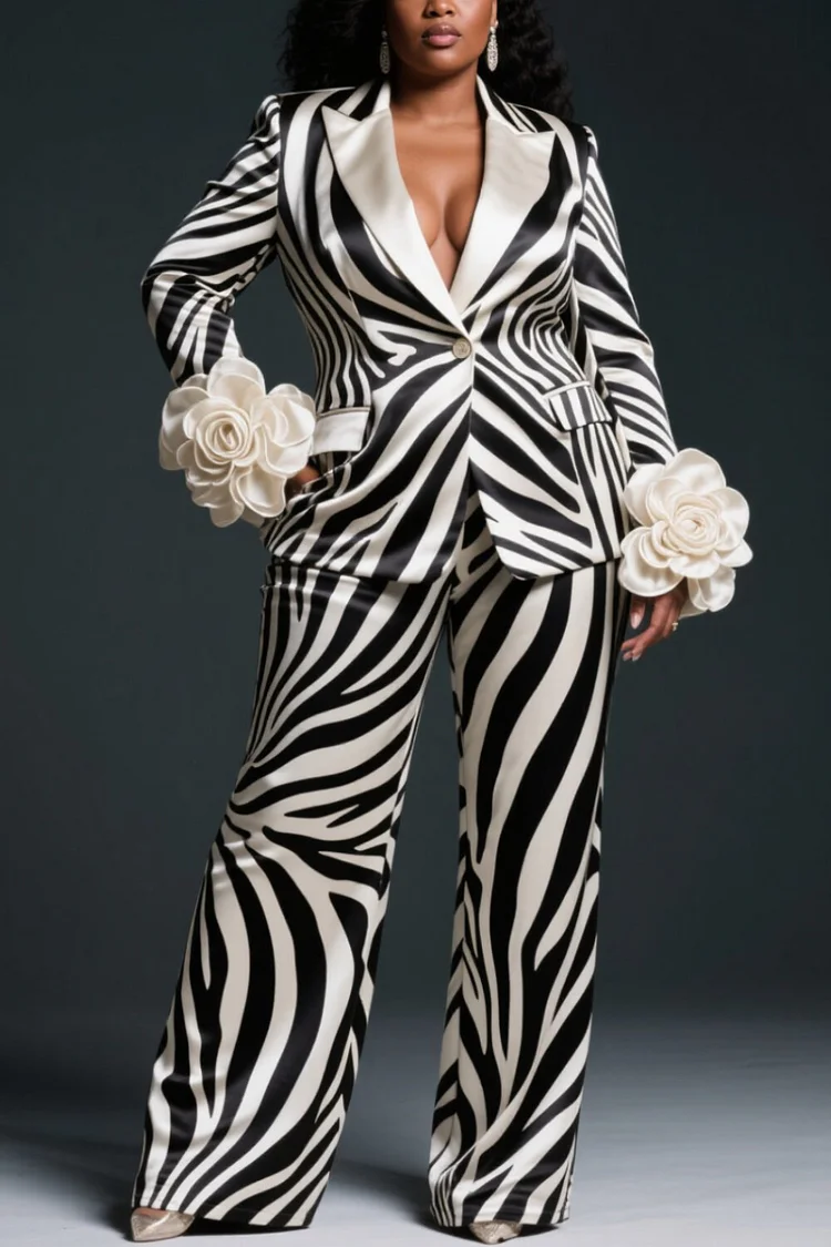 Xpluswear Design Plus Size Formal White Zebra Print Turndown Collar Long Sleeve 3D Elegant Pocket Satin Two Piece Pant Suits [Pre-Order]