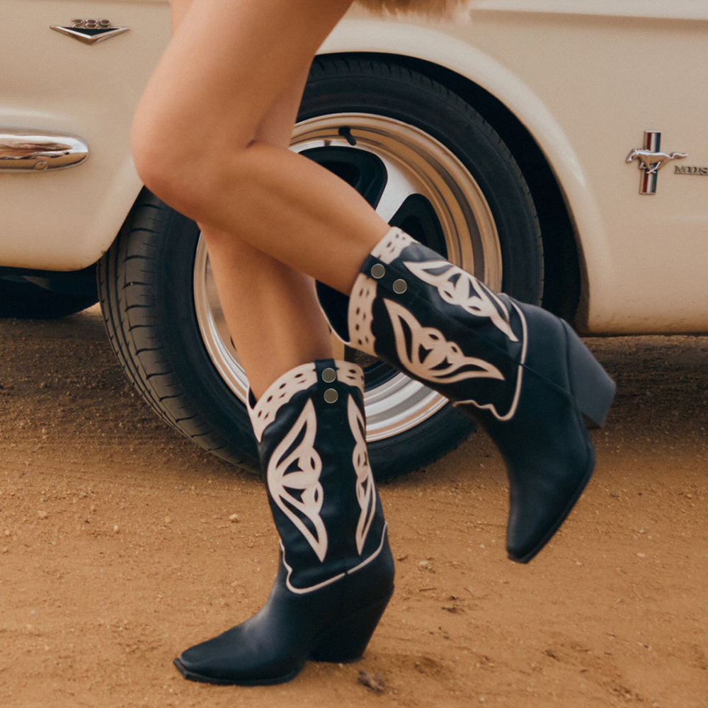 Black Vegan Leather Butterfly Pattern Snip Toe Mid Calf Cowgirl Boots