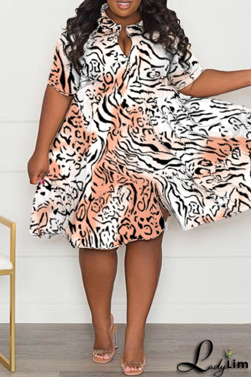 Purple Casual Print Patchwork Fold Turndown Collar A Line Plus Size Dresses