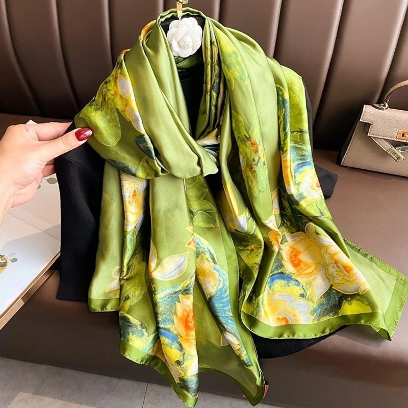 Women’s Fashion Letter Plaid Satin Printing Silk Scarves