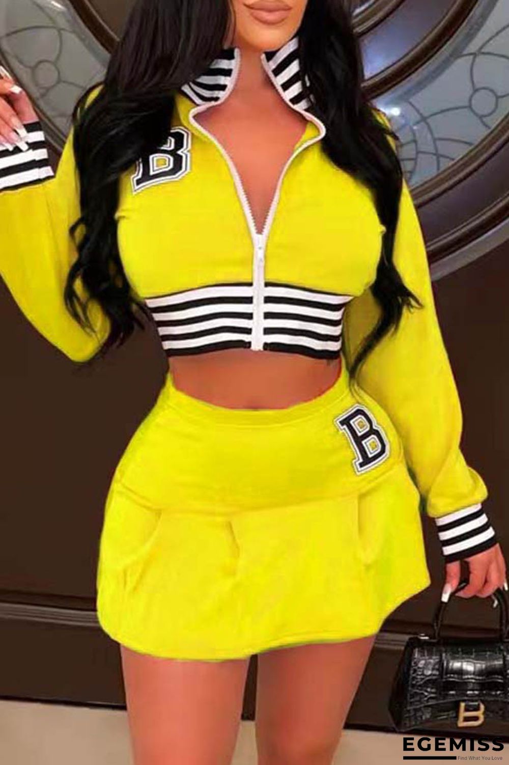 Yellow Casual Letter Print Patchwork Zipper Collar Long Sleeve Two Pieces | EGEMISS