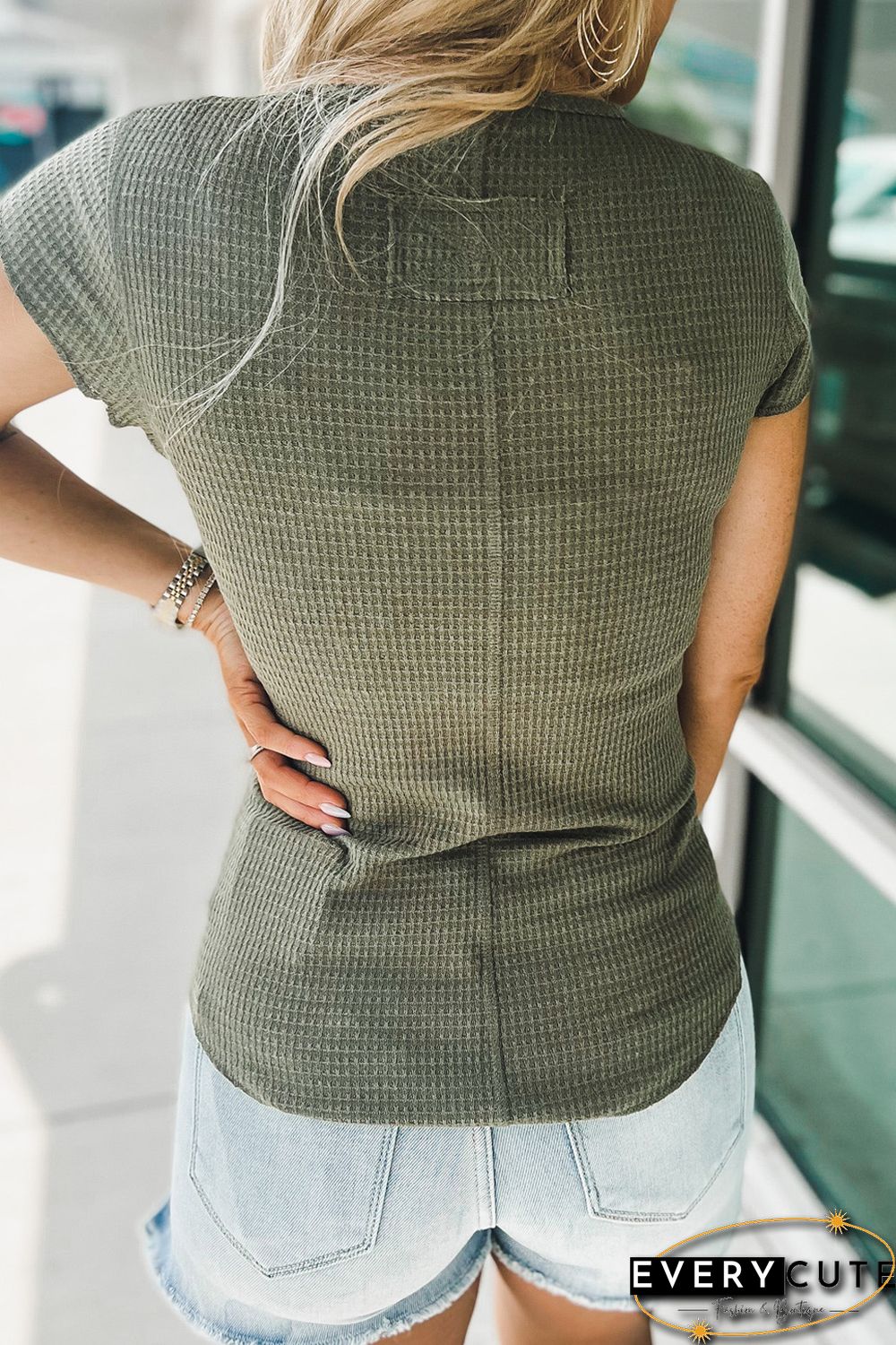 Green Buttoned U Neck Waffle Knit Short Sleeve T Shirt