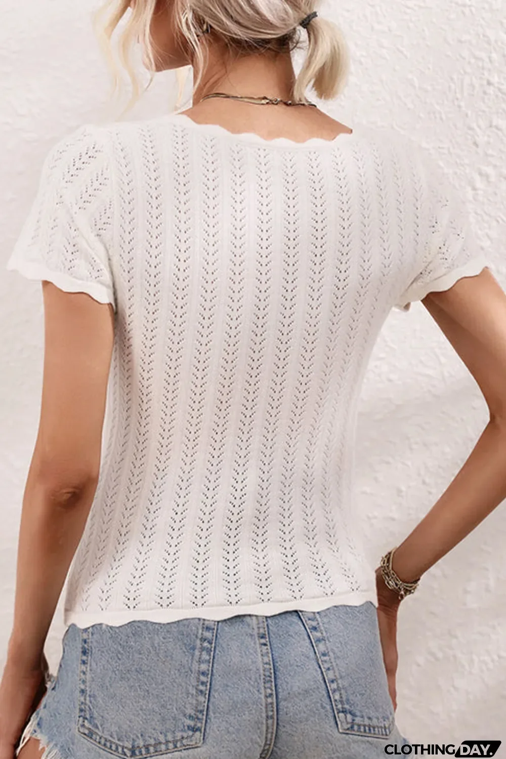 Apricot Square Neck Scallop Trim Short Sleeve Knit Top