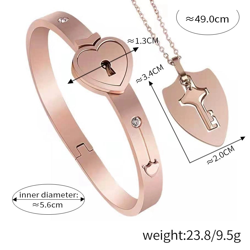 Titanium Steel Rose Gold Plated Elegant Minimalist Commute Hollow Out Inlay Heart Shape Key Lock Rhinestones Jewelry Set