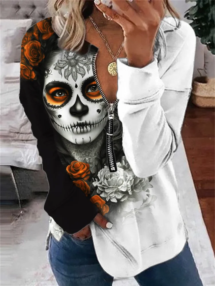 Day of the Dead Art Contrast Zip Up Sweatshirt