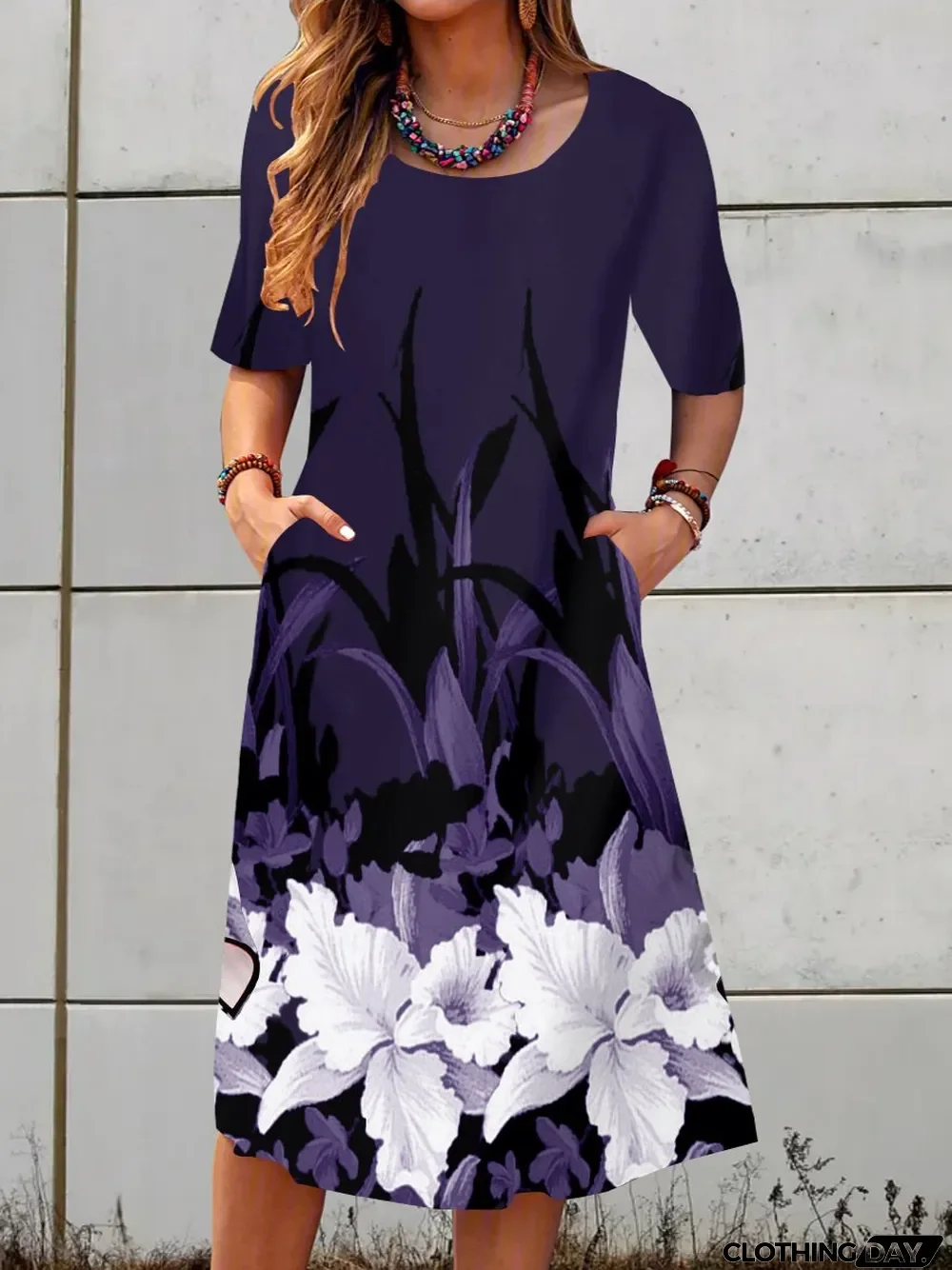 Women's Short Sleeve Scoop Neck Floral Printed Midi Dress With Pockets