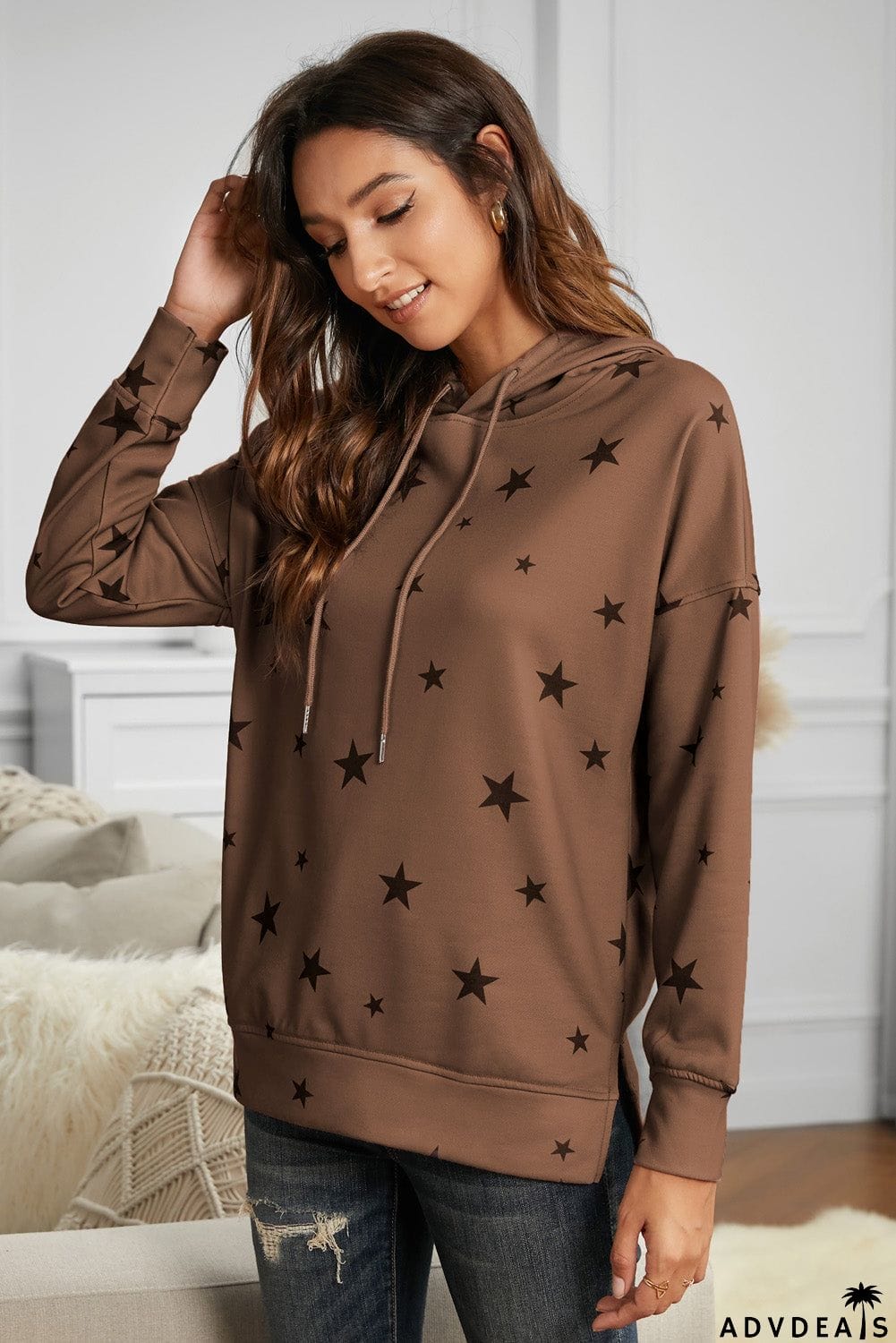 Women's Khaki Star Print Hoodie with Side Slits