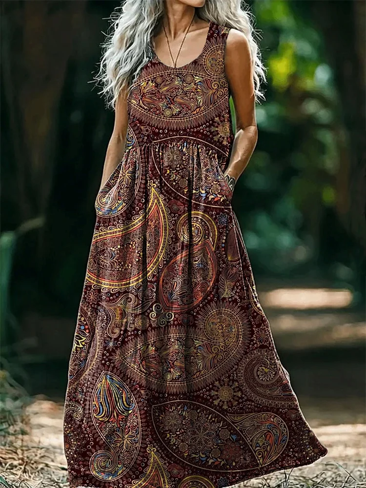 Women's Retro Paisley Floral Art Print Crew Neck Sleeveless Cotton Pocket Dress