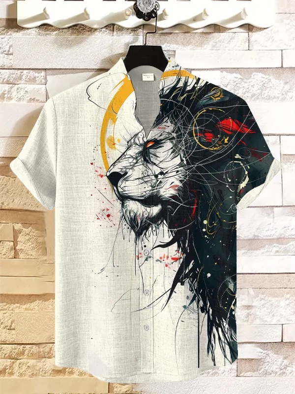 Men's Mysterious Lion Art Print Short Sleeve Casual Shirt
