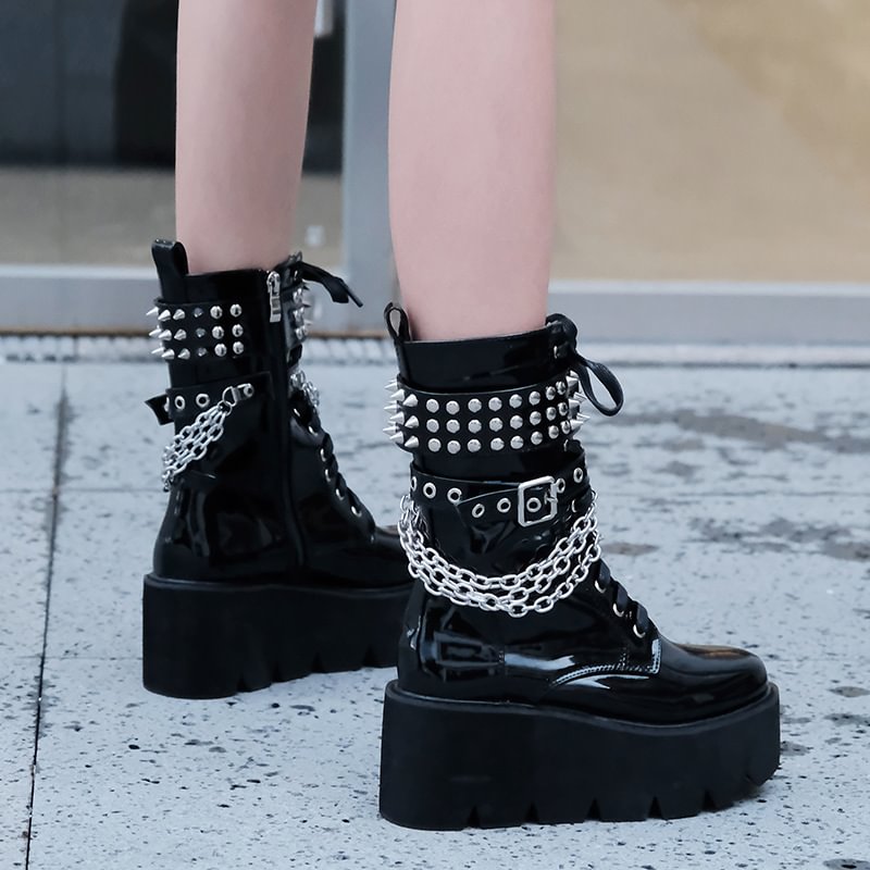 Autumn And Winter New Patent Leather Rivet High Heel Platform Martin Boots-PABIUYOU- Women's Fashion Leader