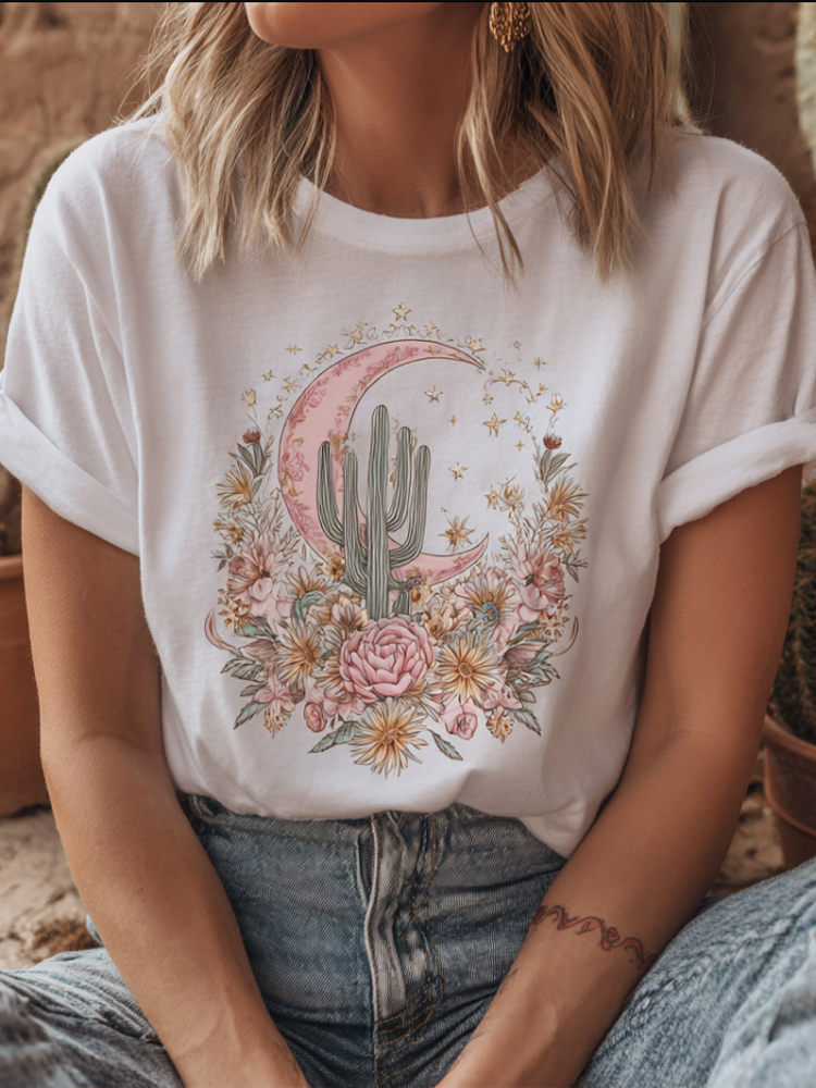 VChics Women's Breast Cancer Health Plant Flower Bohemian Style Printed T-shirt