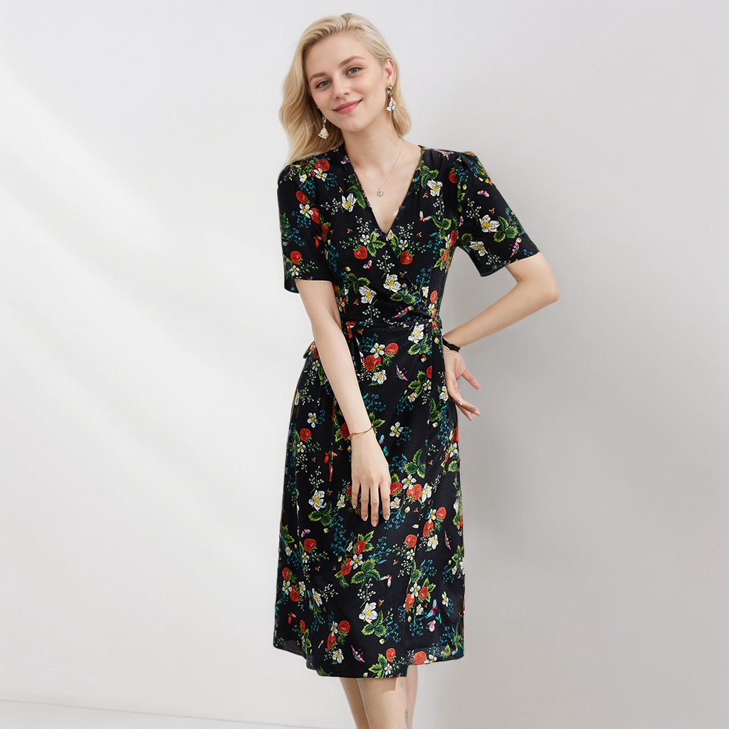 Black Women's Silk Midi Dress Vintage For Office REAL SILK LIFE