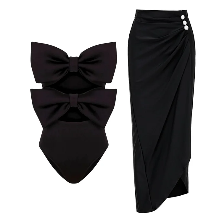 Bandeau Bowknot Cutout One Piece Swimsuit and Skirt