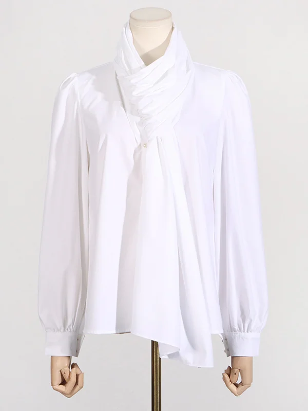Toloer Toloer 2024 New Fashion Temperament Pure Color Scarf Collar Pleated Splicing Design Sense Sleeve Long Sleeve Women's Shirt-Outfit Ideas