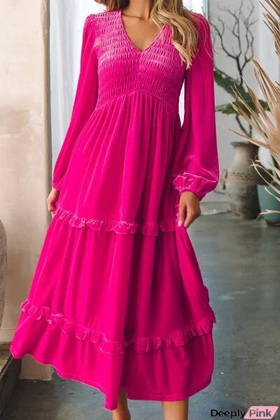 Frill V-Neck Balloon Sleeve Tiered Dress