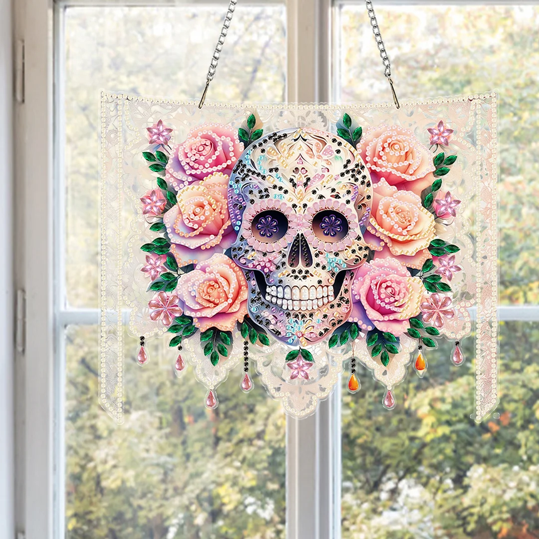Skulls Flower 2D Flat DIY Acrylic Diamond Painting Kit Window Hanging Wall Decor
