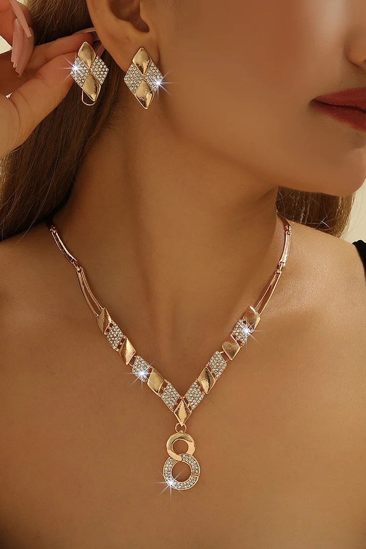 Fashion Rhinestone Number Eight Pendant Necklace Earring Jewelry Set 2024 - Xpluswear