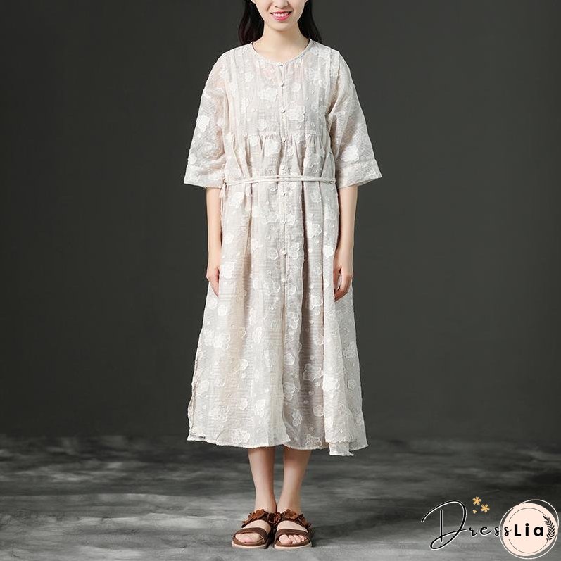 Loose Summer Lacing Beige Long Linen Women Dress