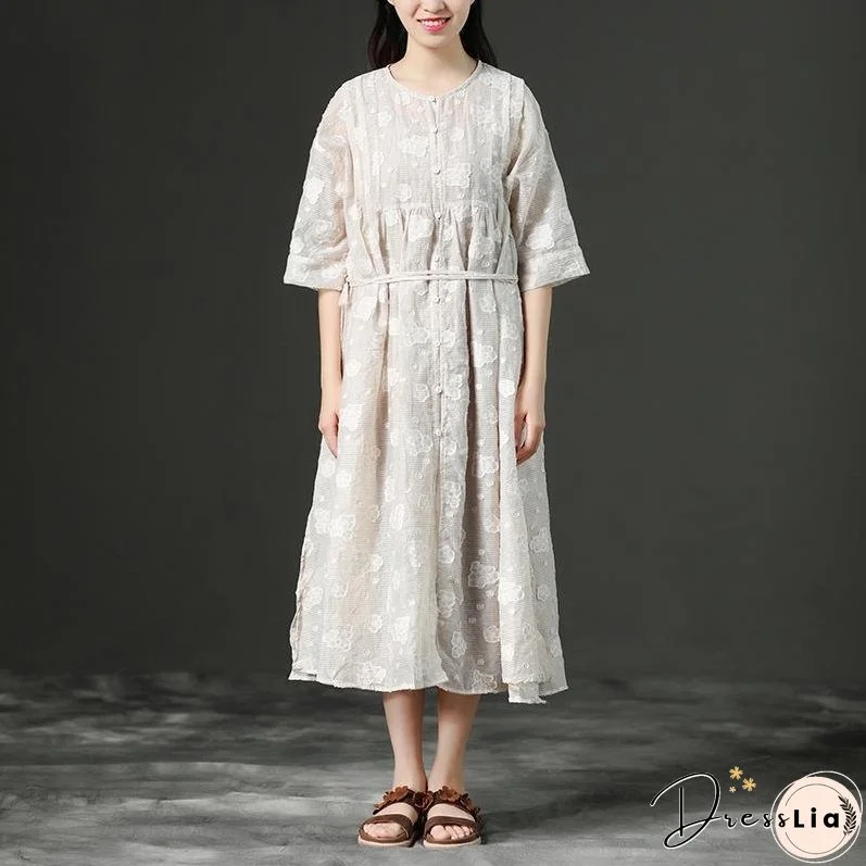 Loose Summer Lacing Beige Long Linen Women Dress